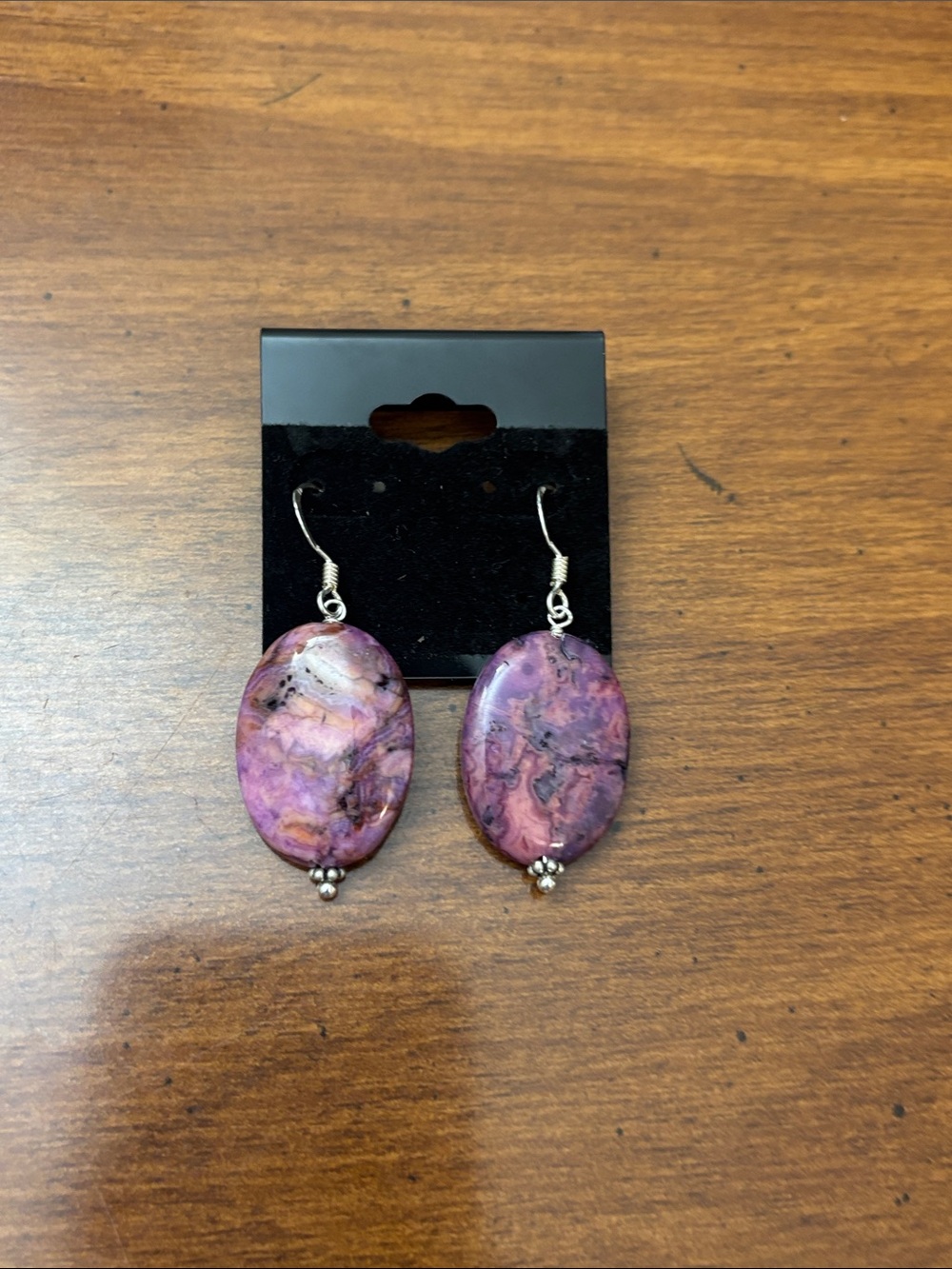 Purple Marbled Oval Drop Earrings with Silver Hooks - Women Jewelry